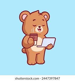 Cute bear enjoy coffee cartoon vector icon illustration. Flat style animal cartoon logo mascot