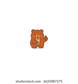 Cute Bear Enjoying Bubble Tea with Thumbs Up Cartoon, Vector Illustration