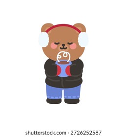 Un oso lindo disfrutando de una Ilustración vectorial de bebida caliente
