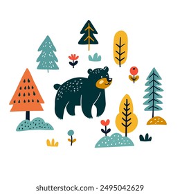 Cute Bear Exploring in the Forest .