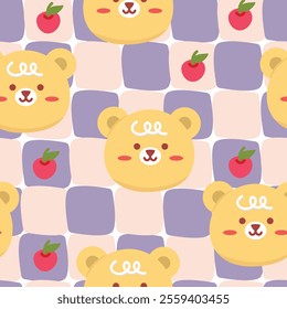 Cute bear face with apple in kawaii style. Ideal print for fabrics, textiles, backdrop, wrapping paper, children product, etc
