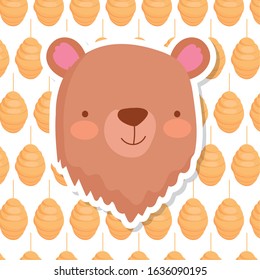 cute bear face beehive nature decoration background vector illustration