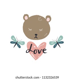 Cute bear face and butterflies. Nursery postcard. Good for gifts. Clipart. Isolated vector illustration.