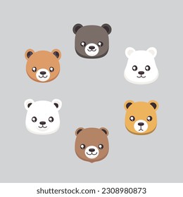 Cute bear face cartoon set 