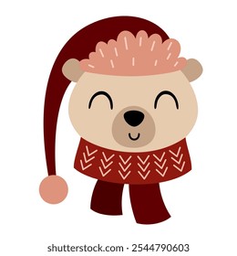 Cute bear face clipart. Winter animal clipart. Winter character. Hand draw vector illustration in flat style