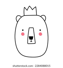Cara de oso lindo con corona. Oso de bozal de caricatura. Ilustración vectorial en estilo doodle. Elemento para impresión, postales y afiches aislados en fondo blanco.