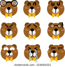 Cute bear face emotion Illustration set. Hand drawn characters.