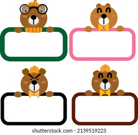 Cute bear face with empty label Illustration set. Hand drawn characters.