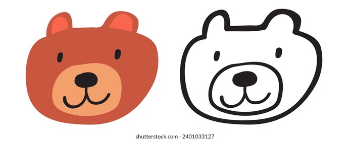 Cute bear face. Flat and outline icons. Isolated vector illustration on white background.