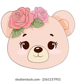 Cute Bear Face with Floral Crown of Pink Roses