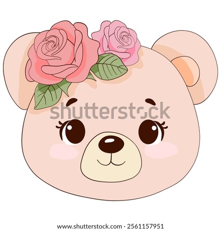 Cute Bear Face with Floral Crown of Pink Roses