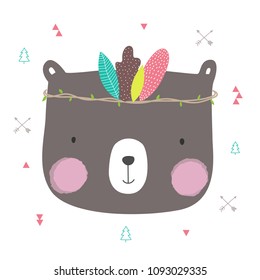 Cute bear face with flower crown for banner and greeting card design. Vector illustration.