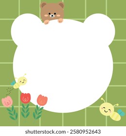 Cute bear face head in paper note. Stationery template. Flowers and bees. Animal character cartoon design. Images for cards, stickers and paper sheets. Kawaii