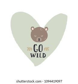 Cute bear face and heart. Isolated decor elements. Cute card, simple scandinavian style. Vector, clip art.