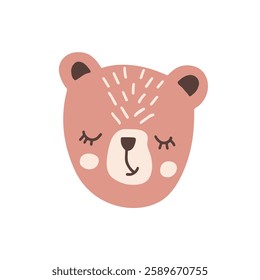 Cute bear face illustration, cartoon animal head, kawaii baby bear, minimal kids design vector illustration