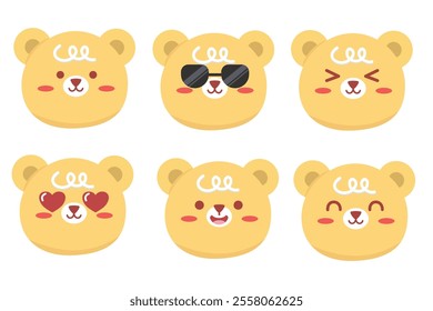 Cute bear face kawaii style element set. Suitable for flat design illustration, clip art, stickers, etc