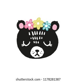Cute bear face. Scandinavian style illustration, icon. Baby girl art