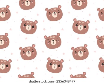 Cute bear faces in seamless emoji cartoon doodle pattern. Perfect for children's art, textile, and print designs, greeting card and background.