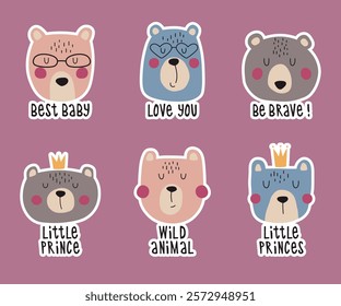 Cute bear faces set. Hand drawn illustrations with forest wild animals and lettering with sticker outline. Perfect for greeting cards and baby clothes.