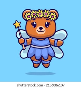 Cute Bear Fairy Holding Magic Wand Cartoon Vector Icon Illustration. Animal Nature Icon Concept Isolated Premium Vector. Flat Cartoon Style