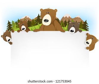 Cute Bear Family Background/ Illustration of a funny and cute cartoon brown grizzly bear family with dad and sons holding blank background letter for children story title