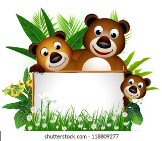 cute bear family with blank sign and tropical forest background