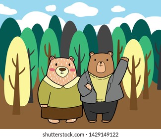Cute bear family vector illustration in forest background