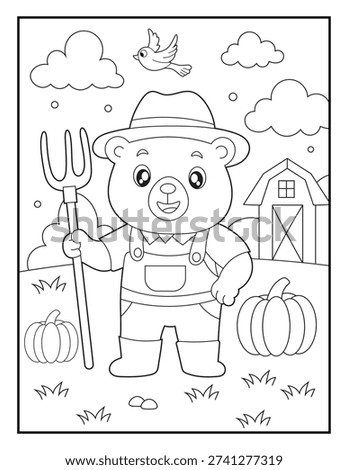 Cute Bear Farmer Coloring Page for Kids. Farm Animals Coloring Sheet for Preschool and Toddlers. Easy Activity for  Preschool and Kindergarten
