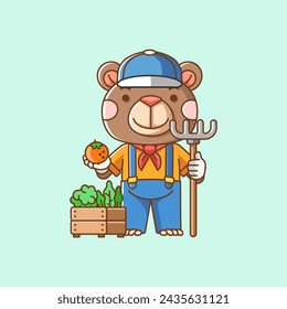 Cute Bear farmers harvest fruit and vegetables cartoon animal character mascot icon flat style illustration concept set