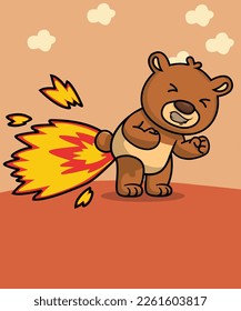 The cute bear is farting fire. With this cute design vector cartoon illustration.