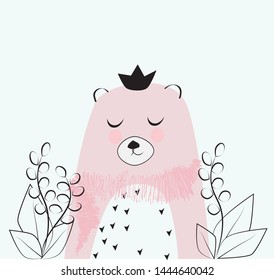 Cute bear fashion vector. Child drawing nordic style. 