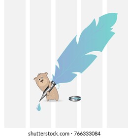 cute  bear with  feather pen./hand drawn vector illustration/can be used for kid's or baby's shirt design/ fashion print design/ fashion graphic/ t-shirt/ kids wear - stock vector