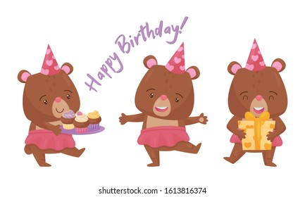Cute Bear Female Animal Wearing Skirt Celebrating Birthday Vector Illustrations Set