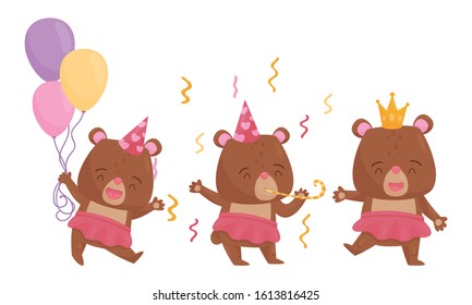 Cute Bear Female Animal Wearing Skirt Celebrating Birthday Vector Illustrations Set