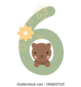 Cute Bear and figure number One. Birthday six months greeting card with bear and flowers. adorable Doodle design.