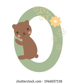 Oso lindo y figura número uno. Cumpleaños tarjeta de bienvenida de cero años con oso y flores. adorable diseño Doodle.