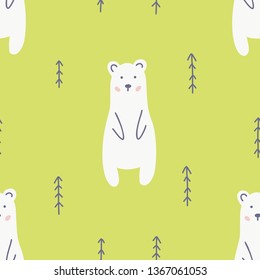 Cute bear and fir seamless vector pattern. Hand drawing doodle print