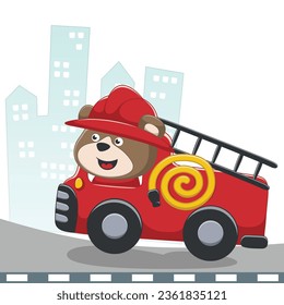 Cute Bear Firefighter Riding Fire Truck Cartoon Vector Icon Illustration. Animal Rescue Icon Concept Isolated Premium Vector. for kids print