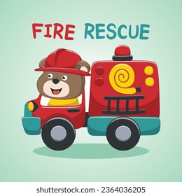 Cute Bear Firefighter Riding Fire Truck Cartoon Vector Icon Illustration. Animal Rescue Icon Concept Isolated Premium Vector. for kids print