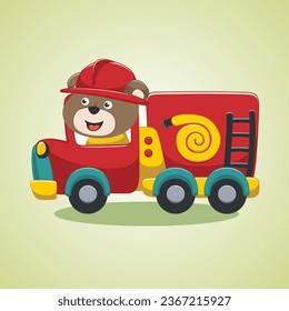 Cute Bear Firefighter Riding Fire Truck Cartoon Vector Icon Illustration. Animal Rescue Icon Concept Isolated Premium Vector. for kids print