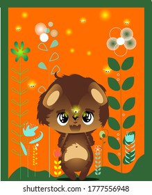 Cute bear and fireflies in flowers and grass. Vector illustration. 