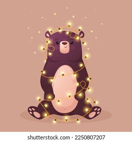 Cute bear with fireflies, funny teddy bear, vector illustration