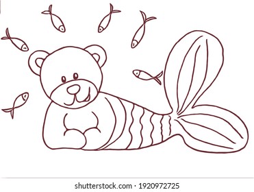 cute bear with fish tail and small fish around. Mermaid bear.