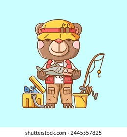 Cute bear fisher fishing animal chibi character mascot icon flat line art style illustration concept cartoon set