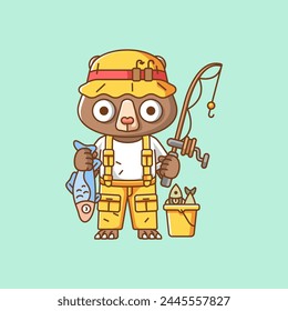 Cute bear fisher fishing animal chibi character mascot icon flat line art style illustration concept cartoon set