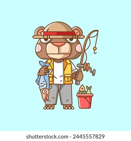 Cute bear fisher fishing animal chibi character mascot icon flat line art style illustration concept cartoon set