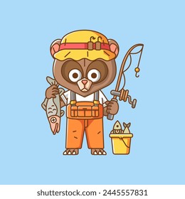 Cute bear fisher fishing animal chibi character mascot icon flat line art style illustration concept cartoon set