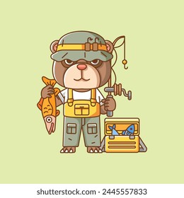 Cute bear fisher fishing animal chibi character mascot icon flat line art style illustration concept cartoon set