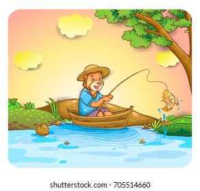 cute bear fisher in lake, cover design, wallpaper, children book, vector cartoon illustration