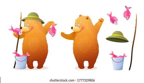Cute Bear Fisherman Character standing holding catch  bucket    fishing rod  Animals Leisure summer activity   hobby pursuit  Vector 3d in watercolor style design 